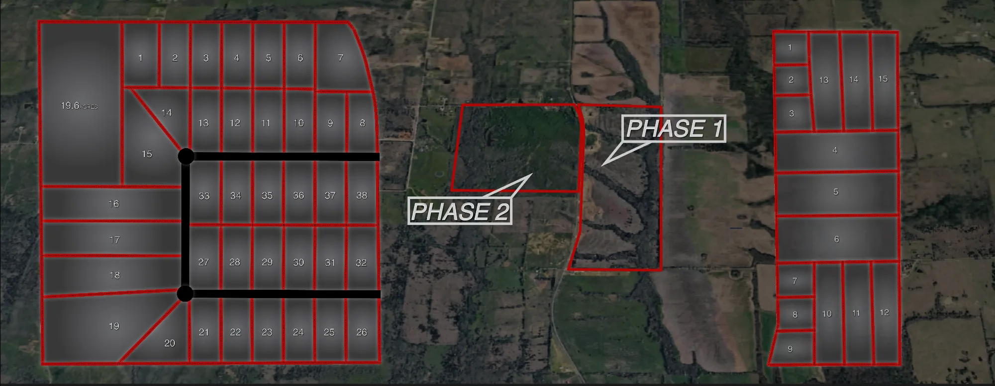 Concept site plan of The Estates at Lone Oak — numbered estate lots across multiple tracts with Phase 1 and Phase 2 areas outlined over an aerial photo
