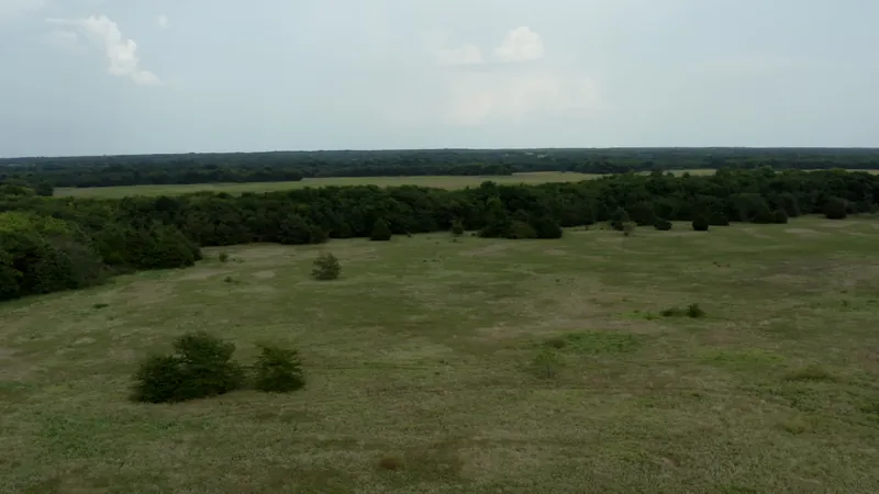Aerial view of rolling North Texas pasture and treelines