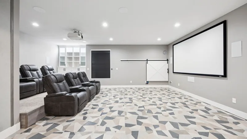 Shelter living space with sliding barn door and projection screen